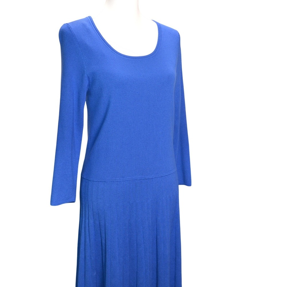 Talbots Womens Medium Blue Long Sleeve Pleated Midi Dress Back Zip Scoopneck